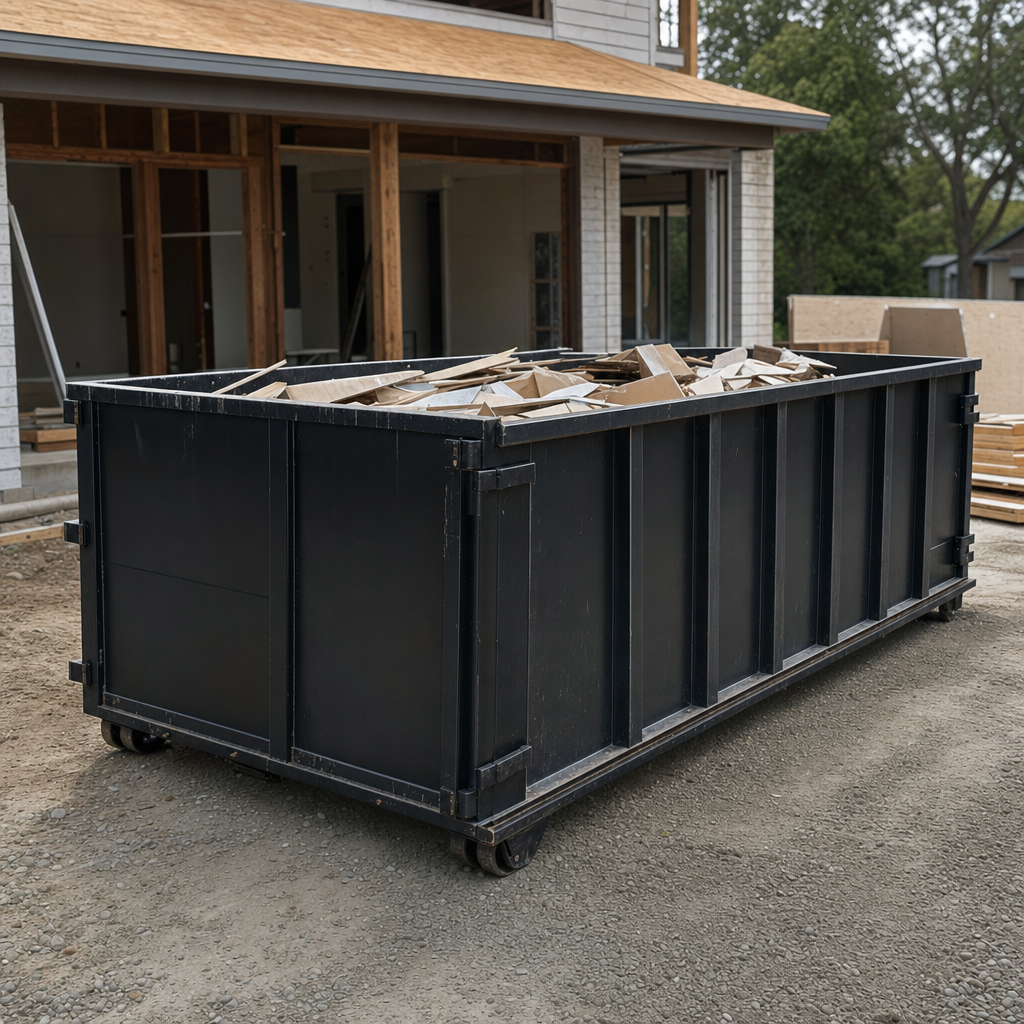 Large matte-black 30-yard construction roll-off dumpster at an active Terre Haute jobsite, steel-gray top rails and bottom rollers visible, loaded with construction debris.